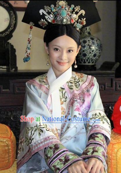 Chinese Ancient Empress Manchu Qipao Cheongsam Clothing and Headwear Complete Set