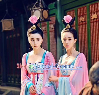 Chinese Ancient Tang Dynasty Palace Maid Clothing and Headwear Complete Set