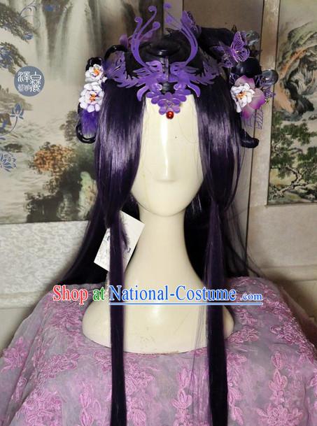 Chinese Traditional Handmade Princess Long Black Wig and Hair Accessories