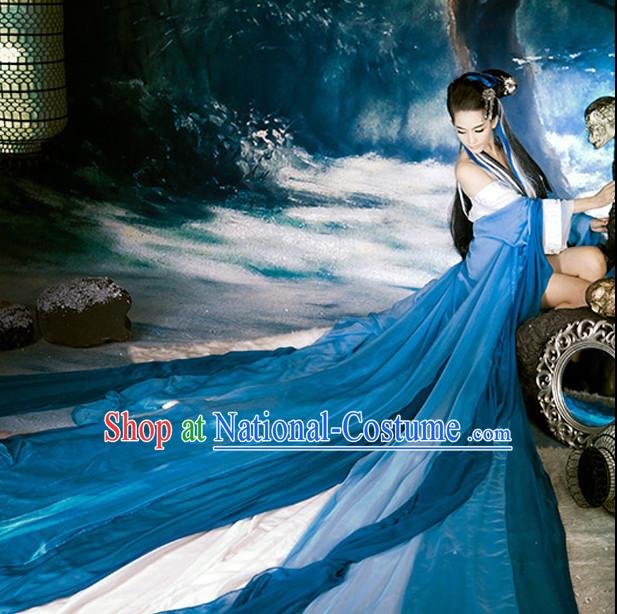 Deep Blue and White Chinese Ancient Beauty Costumes Complete Set with Long Tail