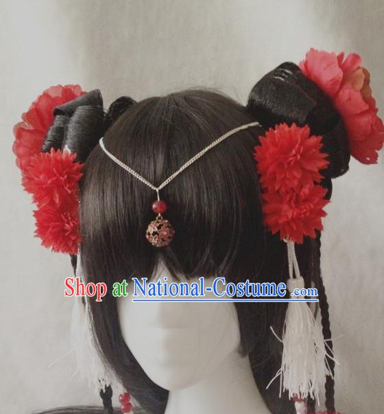 Chinese Style Dancer Long Wig and Handmade Hair Accessories