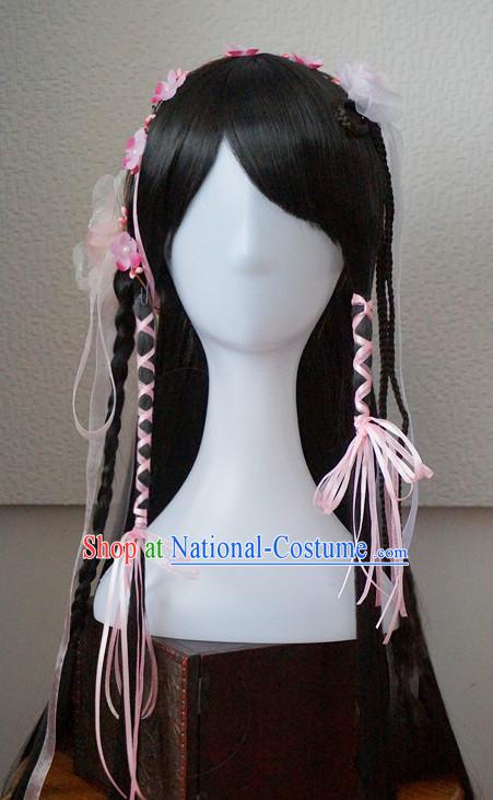 Traditional Chinese Princess Handmade Hair Pieces and Black Long Wigs