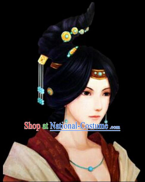 Chinese Ancient Style Ladies Long Black Wigs and Hair Jewelry