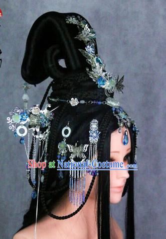 Chinese Traditional Handmade Empress Long Black WIgs and Hair Accessories Set