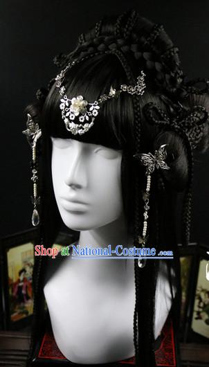 Chinese Traditional Handmade Princess Long Black WIgs and Hair Accessories Set