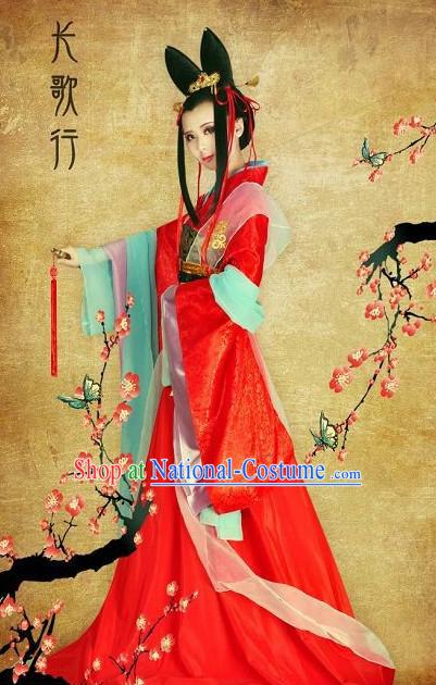 Red Chinese Classical Fairy Garments and Hair Accessories Complete Set for Women