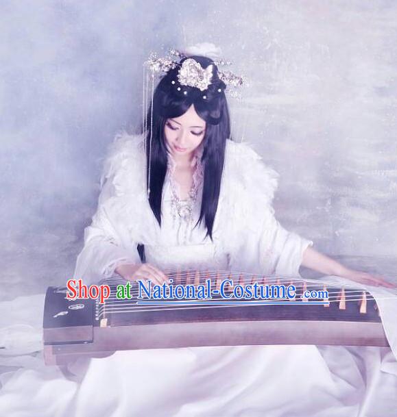 Chinese Classical White Musician Koto Costume Complete Set for Women