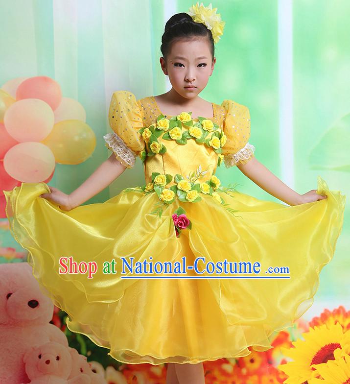 Chinese Flower Dancing Costume and Headwear Complete Set for Kids