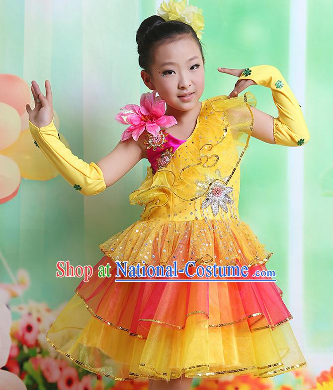 Chinese Fan Dancing Costume and Headwear Complete Set for Kids