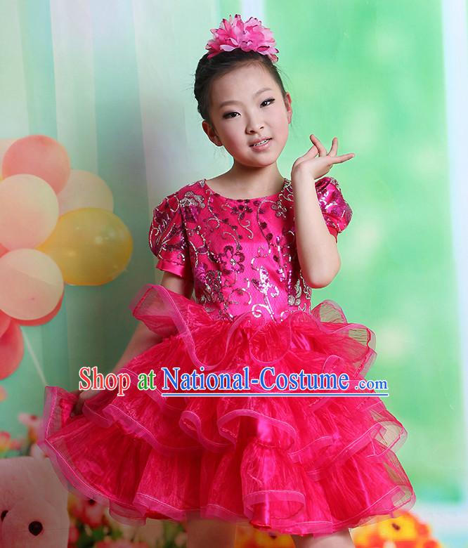 Chinese Fan Dance Costume and Headwear Complete Set for Kids