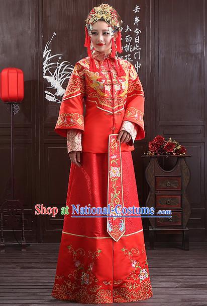 Chinese Traditional Wedding Ceremonial Outfit and Phoenix Crown Complete Set for Women