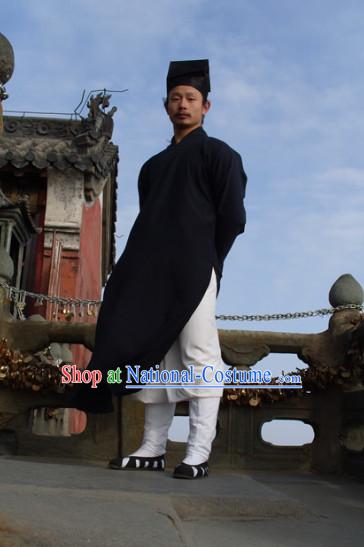 Chinese Dark Blue Taoist Clothing and Hat Complete Set for Men