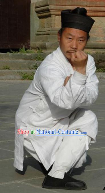 Chinese White Taoist Clothes and Hat Complete Set for Men