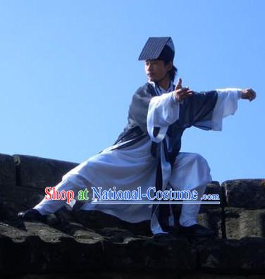 Chinese Deep Blue Yin Yang Wudang Mountain Taoist Costumes Complete Set for Men