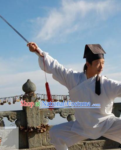 China White Wudang Mountain Taoist Costumes Complete Set for Men