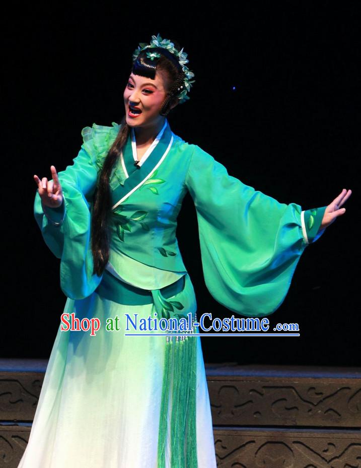 Chinese Traditional Dresses Theatrical Costumes Ancient Chinese Hanfu Tea Plucking Lady Costumes and Hair Accessories