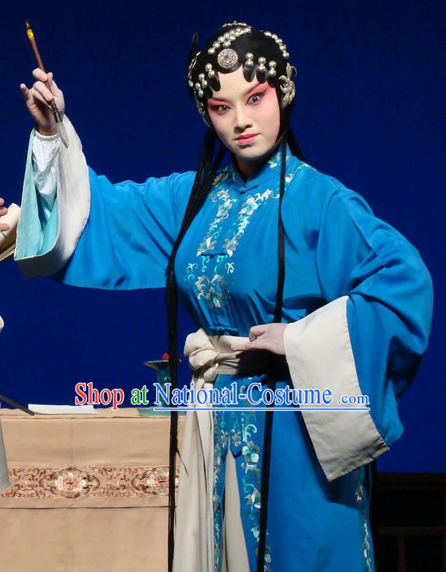 Chinese Traditional Dresses Theatrical Costumes Ancient Chinese Hanfu Qing Yi Blue Costumes and Hair Accessories