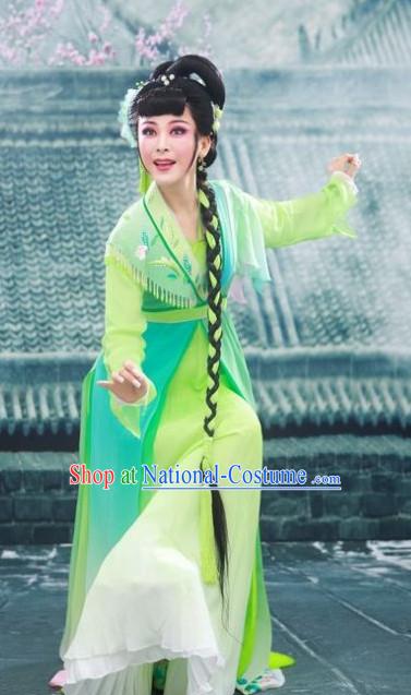 Asian Chinese Traditional Dress Theatrical Costumes Ancient Chinese Clothing Green Fairy Costumes and Hair Accessories