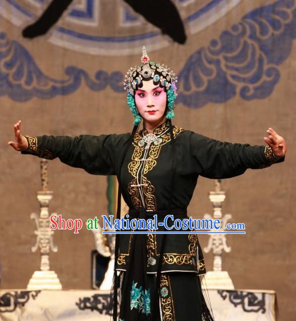 Ancient Chinese Beijing Opera Black Hua Tan Costumes and Hair Accessories Complete Set