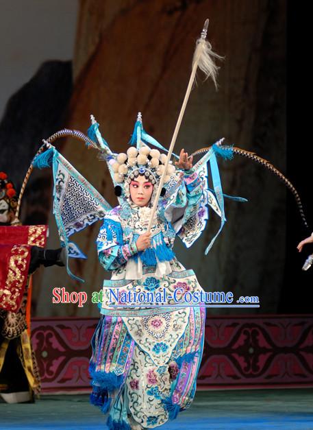 Ancient Chinese Beijing Opera Military Hua Tan Costumes and Hair Accessories Complete Set