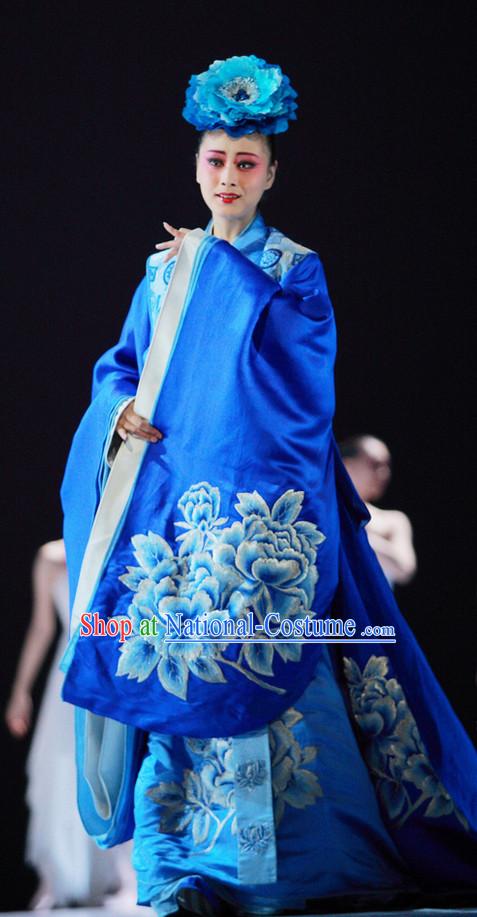 Blue Chinese Long Trail Empress Opera Costumes and Headwear Complete Set for Women