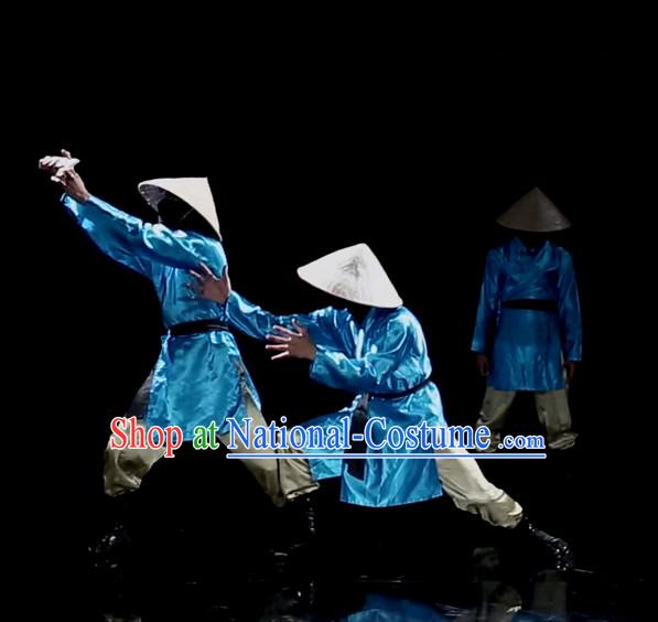 Awesome Chinese Dance Group Dancing Dance Costumes and Strawhats Complete Set for Men