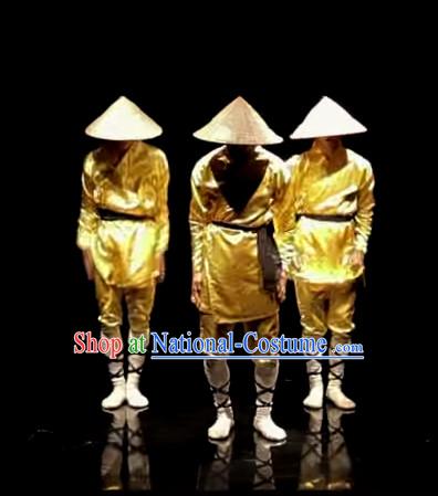 Awesome Chinese Dance Group Dancing Strawhats Costumes and Strawhat Complete Set for Men