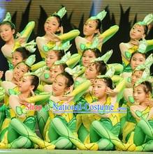 Chinese Green Leaf Dance Costumes and Headwear Complete Set