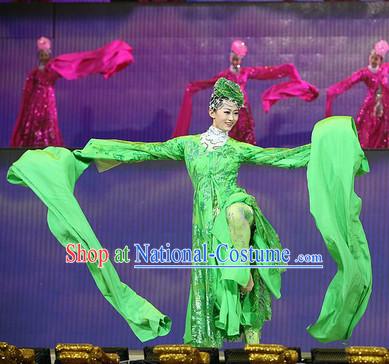 Green Water Sleeve Ancient Chinese Fairies in the Sky Costumes and Hair Accessories Complete Set