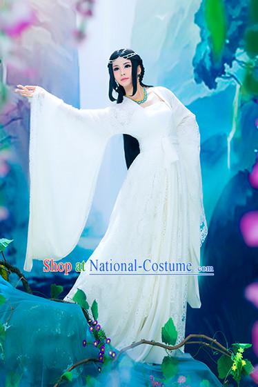 Chinese Ancient Pure White Fairy Clothes and Hair Accessories for Women