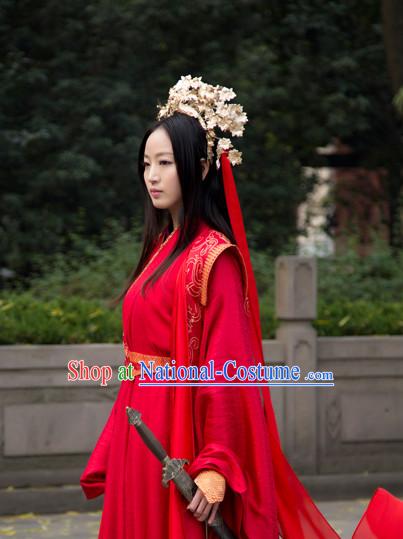 Chinese Traditional Red Wedding Dress and Hair Accessories Complete Set for Women