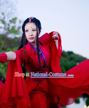 Chinese Traditional Red Swordswoman Outfits and Hair Decorations Complete Set