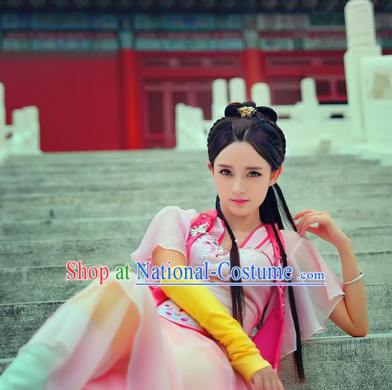 Chinese Traditional Han Fu Clothes Oriental Fairy Costumes and Hair Accessories Complete Set for Ladies