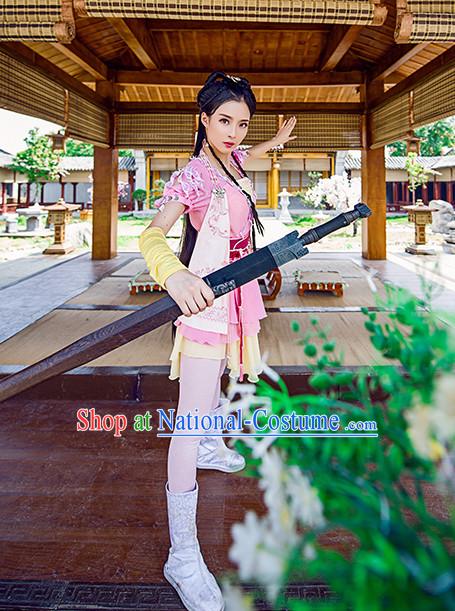 Chinese Traditional Han Fu Clothes Oriental Heroine Costumes and Hair Accessories Complete Set for Ladies