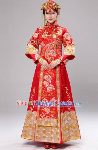 Traditional Chinese Ceremonial Wedding Dresses and Hair Accessories Complete Set for Brides