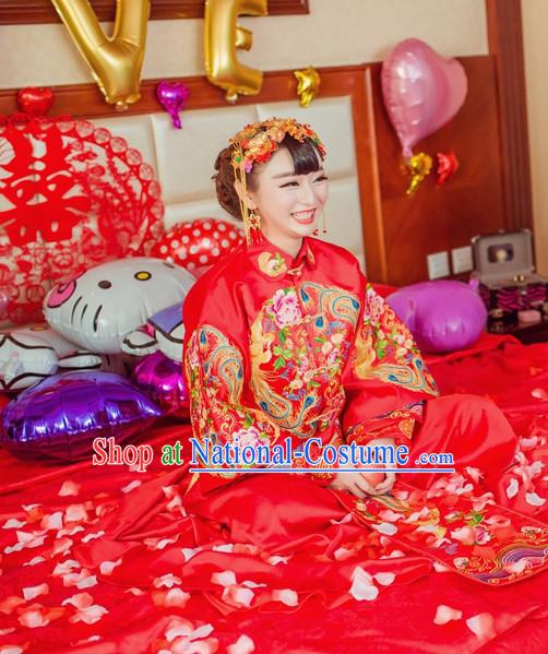 Phoenix Embroidery Chinese Ceremonial Wedding Dresses and Hair Accessories Complete Set for Brides