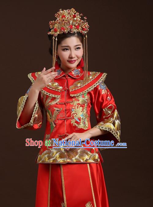 Traditional Chinese Double Happiness Phoenix Wedding Dress and Skirt for Women