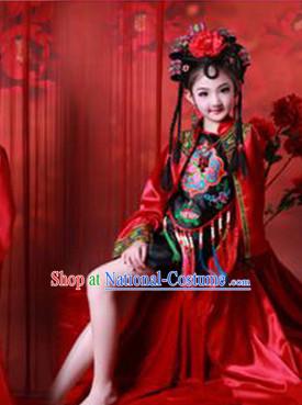 Traditional Chinese Photo Costume Dancer Classical Costume and Hair Accessories Complete Set for Children