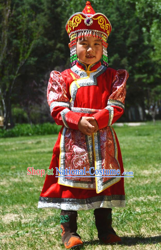 Traditional Chinese Photo Costume Mongolian Costume and Hat Complete Set for Kids