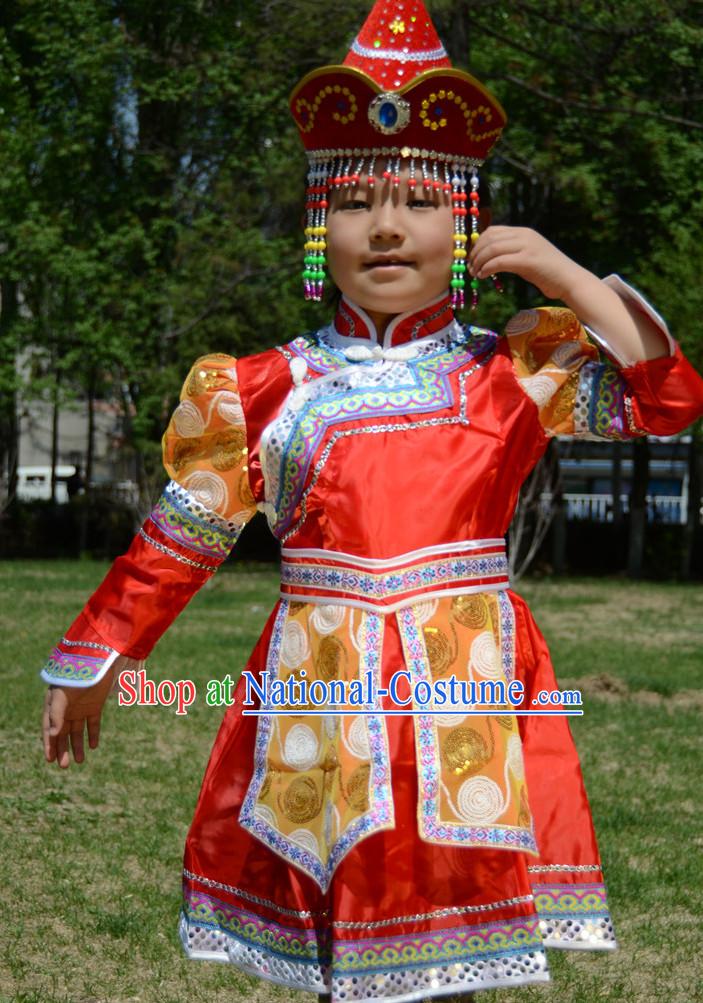 Traditional Chinese Photo Costume Mongolian Costume and Hat Complete Set for Girls