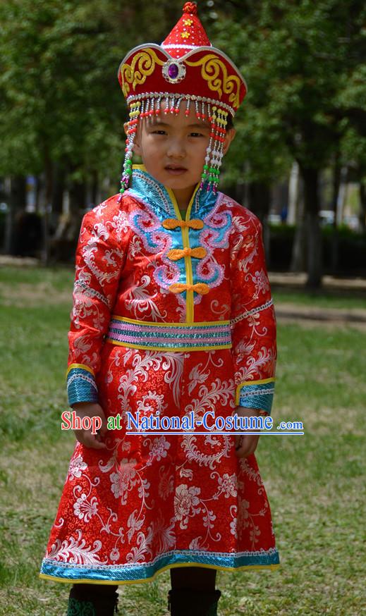 Traditional Chinese Photo Costume Mongolian Costume and Hat Complete Set for Child