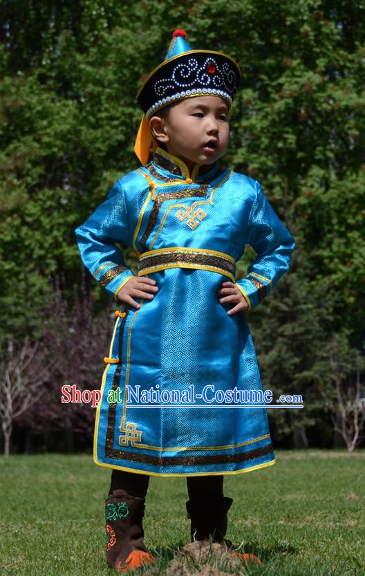 Traditional Chinese Photo Costume Mongolian Costumes and Hat Complete Set for Child