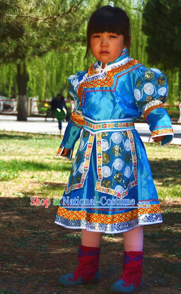 Traditional Chinese Photo Costume Mongolian Costumes and Hat Complete Set for Child