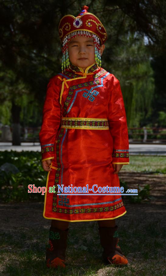 Traditional Chinese Photo Costume Mongolian Costumes and Hat Complete Set for Child