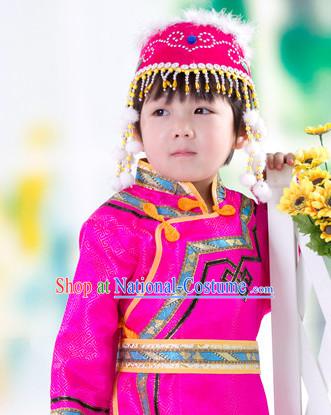 Traditional Chinese Photo Costume Mongolian Clothes and Hat Complete Set for Child