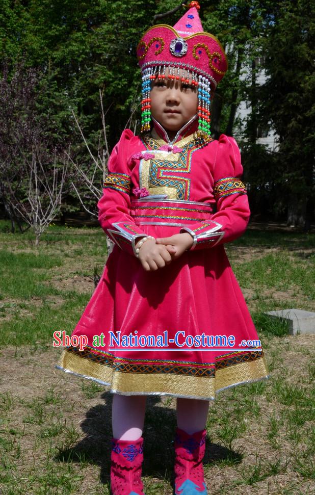 Traditional Chinese Photo Costume Mongolian Clothing and Hat Complete Set for Child