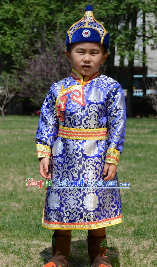 Traditional Chinese Photo Costume Mongolian Clothing and Hat Complete Set for Children