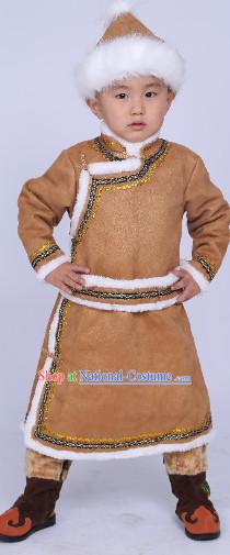 Traditional Chinese Mongolian Long Robe and Hat Complete Set for Boys