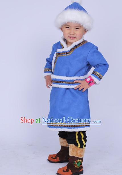 Traditional Chinese Photo Costume Mongolian Long Robe and Hat Complete Set for Boys