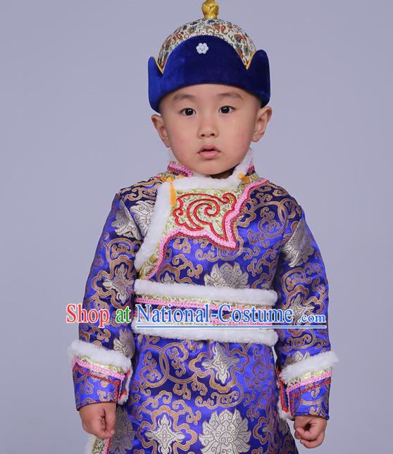 Traditional Chinese Photo Costume Mongolian Clothes and Hat Complete Set for Child